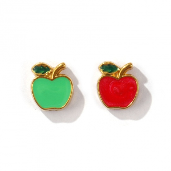 Picture of Eco-friendly PVD Vacuum Plating 304 Stainless Steel Beads For DIY Jewelry Making 18K Gold Plated Red Apple Fruit Enamel 10mm x 9mm, Hole: Approx 1.2mm
