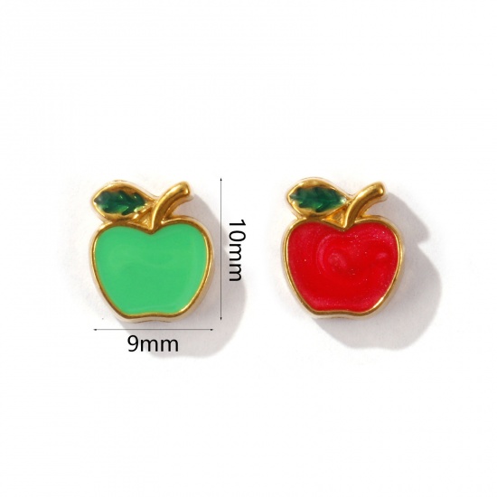 Picture of Eco-friendly PVD Vacuum Plating 304 Stainless Steel Beads For DIY Jewelry Making 18K Gold Plated Red Apple Fruit Enamel 10mm x 9mm, Hole: Approx 1.2mm