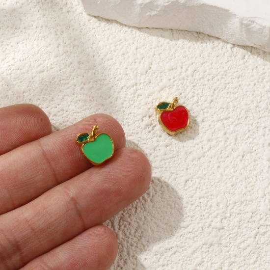 Picture of Eco-friendly PVD Vacuum Plating 304 Stainless Steel Beads For DIY Jewelry Making 18K Gold Plated Red Apple Fruit Enamel 10mm x 9mm, Hole: Approx 1.2mm