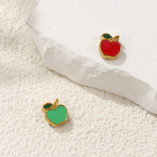 Picture of Eco-friendly PVD Vacuum Plating 304 Stainless Steel Beads For DIY Jewelry Making 18K Gold Plated Red Apple Fruit Enamel 10mm x 9mm, Hole: Approx 1.2mm
