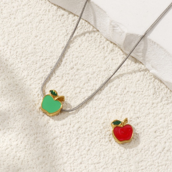 Picture of Eco-friendly PVD Vacuum Plating 304 Stainless Steel Beads For DIY Jewelry Making 18K Gold Plated Red Apple Fruit Enamel 10mm x 9mm, Hole: Approx 1.2mm