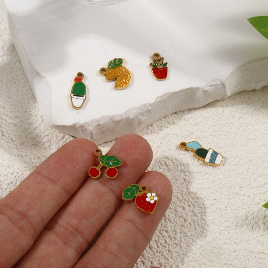 Image de 2 Pcs Breloques en 304 Acier Inoxydable Revêtement sous Vide PVD Respectueux de l'Environnement Collection Végétale Plaqué Or 18K Plante en Pot Émail