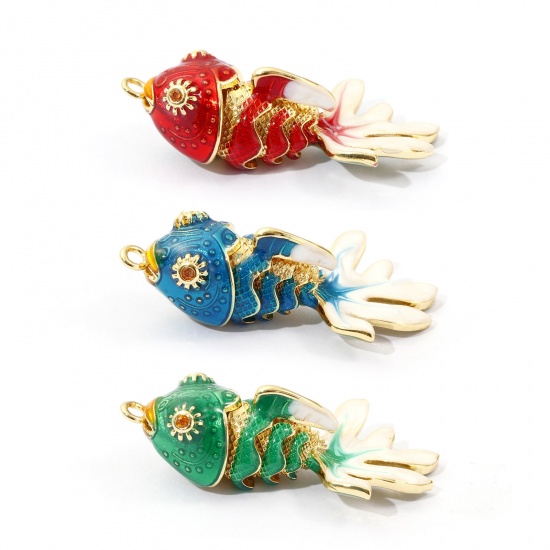 Image de 1 Piece Eco-friendly Brass Ocean Jewelry Pendants 18K Real Gold Plated Enamel Fish Animal Movable Orange Cubic Zirconia 3.6cm x 1.8cm