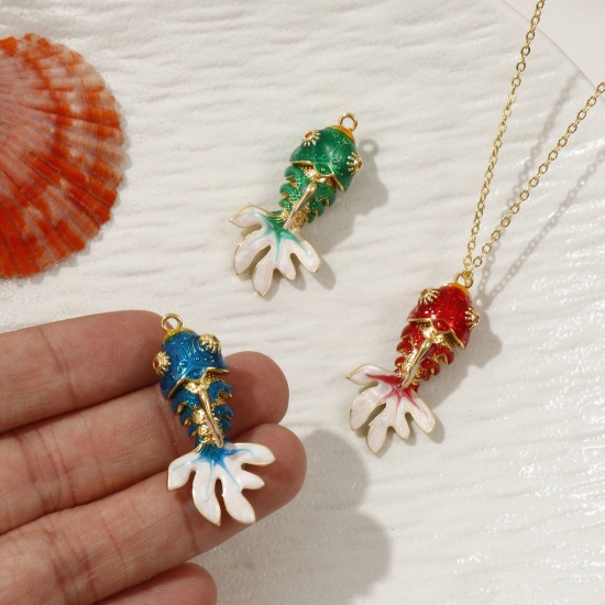 Image de 1 Piece Eco-friendly Brass Ocean Jewelry Pendants 18K Real Gold Plated Enamel Fish Animal Movable Orange Cubic Zirconia 3.6cm x 1.8cm
