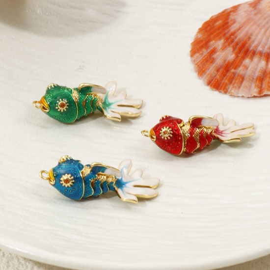 Image de 1 Piece Eco-friendly Brass Ocean Jewelry Pendants 18K Real Gold Plated Enamel Fish Animal Movable Orange Cubic Zirconia 3.6cm x 1.8cm