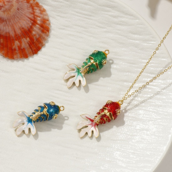 Image de 1 Piece Eco-friendly Brass Ocean Jewelry Pendants 18K Real Gold Plated Enamel Fish Animal Movable Orange Cubic Zirconia 3.6cm x 1.8cm
