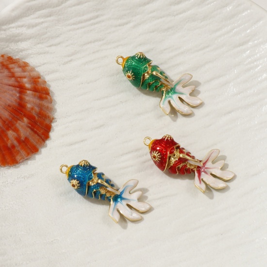Image de 1 Piece Eco-friendly Brass Ocean Jewelry Pendants 18K Real Gold Plated Enamel Fish Animal Movable Orange Cubic Zirconia 3.6cm x 1.8cm
