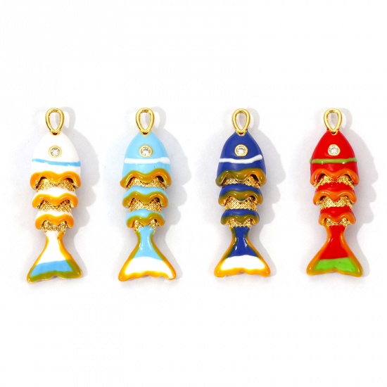1 Piece Eco-friendly Brass Ocean Jewelry Charms 18K Real Gold Plated Enamel Fish Animal Movable Clear Cubic Zirconia 28mm x 9mm の画像