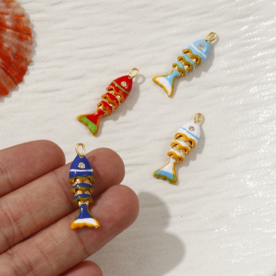 1 Piece Eco-friendly Brass Ocean Jewelry Charms 18K Real Gold Plated Enamel Fish Animal Movable Clear Cubic Zirconia 28mm x 9mm の画像