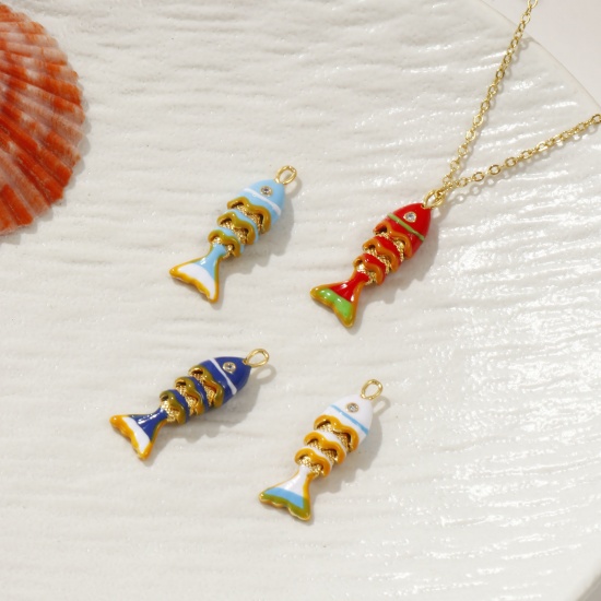 1 Piece Eco-friendly Brass Ocean Jewelry Charms 18K Real Gold Plated Enamel Fish Animal Movable Clear Cubic Zirconia 28mm x 9mm の画像
