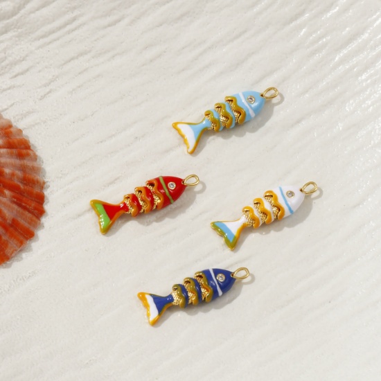 1 Piece Eco-friendly Brass Ocean Jewelry Charms 18K Real Gold Plated Enamel Fish Animal Movable Clear Cubic Zirconia 28mm x 9mm の画像