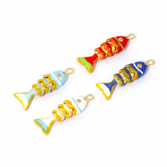1 Piece Eco-friendly Brass Ocean Jewelry Charms 18K Real Gold Plated Enamel Fish Animal Movable Clear Cubic Zirconia 28mm x 9mm の画像