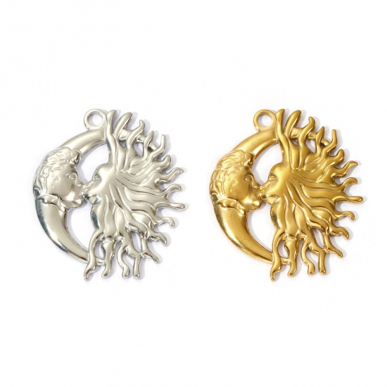 2 PCs Eco-friendly PVD Vacuum Plating 304 Stainless Steel Galaxy Pendants Sun Moon Face 3.3cm x 2.8cm の画像