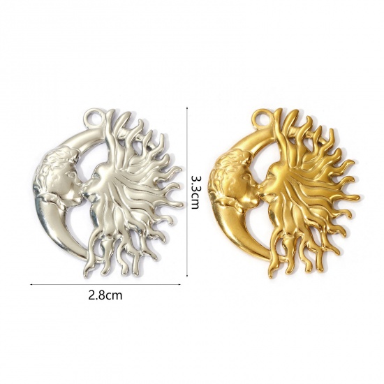 2 PCs Eco-friendly PVD Vacuum Plating 304 Stainless Steel Galaxy Pendants Sun Moon Face 3.3cm x 2.8cm の画像