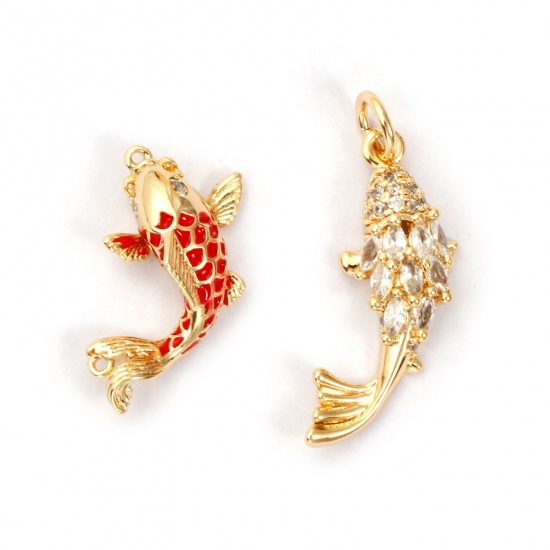 Image de 1 Pièce Breloques Bijoux d'Océan Respectueux de la Nature en Laiton Plaqué Or Véritable 18K Poisson 3D à Zircone Cubique Clair