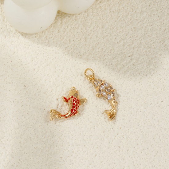Image de 1 Pièce Breloques Bijoux d'Océan Respectueux de la Nature en Laiton Plaqué Or Véritable 18K Poisson 3D à Zircone Cubique Clair