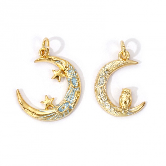 Picture of Eco-friendly Brass Galaxy Charms 18K Real Gold Plated Enamel Crescent Moon 22mm x 17mm