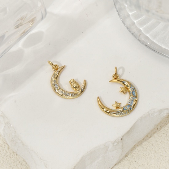 Picture of Eco-friendly Brass Galaxy Charms 18K Real Gold Plated Enamel Crescent Moon 22mm x 17mm