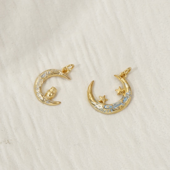 Picture of Eco-friendly Brass Galaxy Charms 18K Real Gold Plated Enamel Crescent Moon 22mm x 17mm