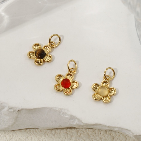 Picture of Eco-friendly Brass & Gemstone Charms 18K Real Gold Plated Flower 16mm x 10mm
