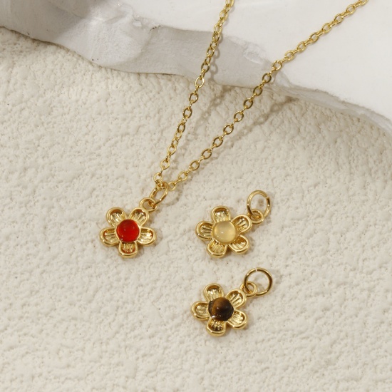 Picture of Eco-friendly Brass & Gemstone Charms 18K Real Gold Plated Flower 16mm x 10mm