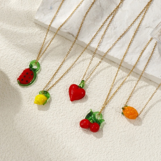 Picture of 18K Real Gold Plated Link Cable Chain Pendant Charm Necklace, 304 Stainless Steel & Lampwork Glass 45cm(17.7") + 5cm(2"), For Women, 3D, Exquisite Gift, Eco-friendly PVD Vacuum Plating, 1 Piece