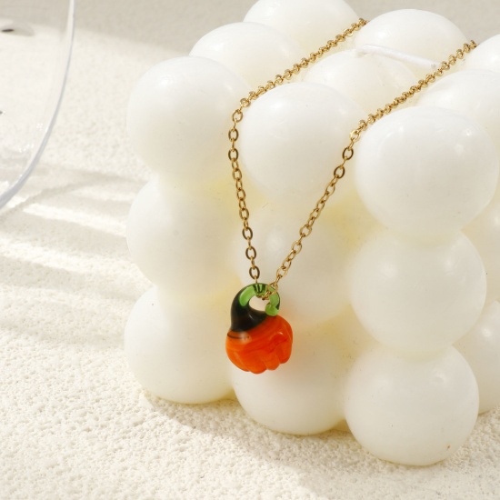 Picture of 18K Real Gold Plated Link Cable Chain Pendant Charm Necklace, 304 Stainless Steel & Lampwork Glass 45cm(17.7") + 5cm(2"), For Women, 3D, Exquisite Gift, Eco-friendly PVD Vacuum Plating, 1 Piece