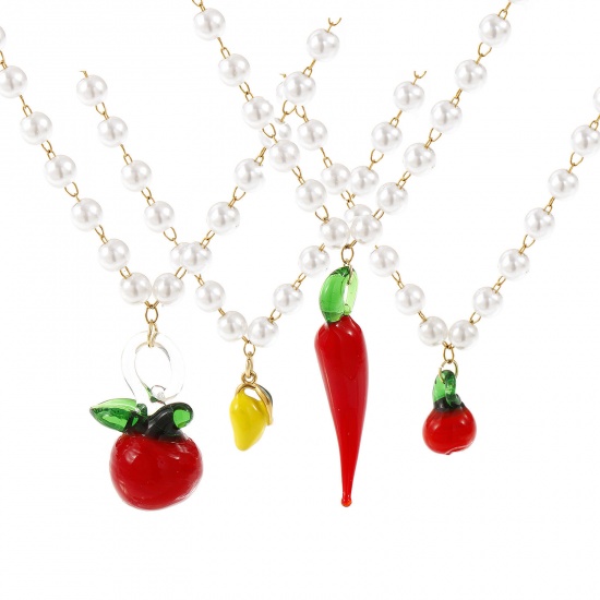 Picture of 18K Real Gold Plated Beaded Chain Pendant Charm Necklace, 304 Stainless Steel & Lampwork Glass 45cm(17.7"), For Women, 3D, Exquisite Gift, Eco-friendly PVD Vacuum Plating, 1 Piece