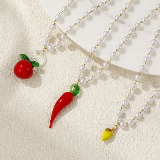 Picture of 18K Real Gold Plated Beaded Chain Pendant Charm Necklace, 304 Stainless Steel & Lampwork Glass 45cm(17.7"), For Women, 3D, Exquisite Gift, Eco-friendly PVD Vacuum Plating, 1 Piece