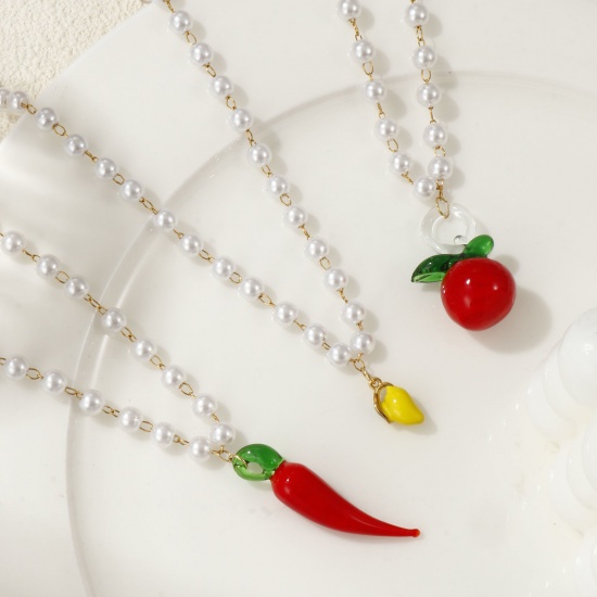 Picture of 18K Real Gold Plated Beaded Chain Pendant Charm Necklace, 304 Stainless Steel & Lampwork Glass 45cm(17.7"), For Women, 3D, Exquisite Gift, Eco-friendly PVD Vacuum Plating, 1 Piece