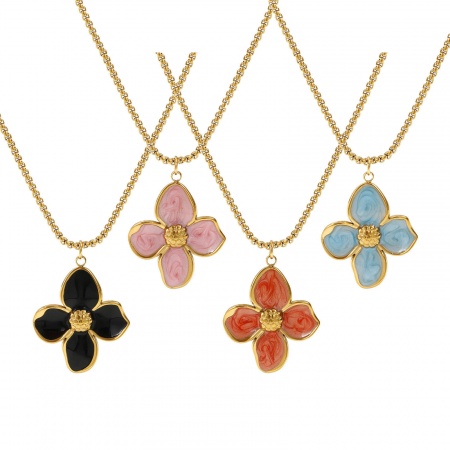 18K Real Gold Plated Box Chain Flower Pendant Charm Necklace, 304 Stainless Steel 45cm(17.7") + 5cm(2"), For Women, Enamel Sweet & Cute Gift, Eco-friendly PVD Vacuum Plating