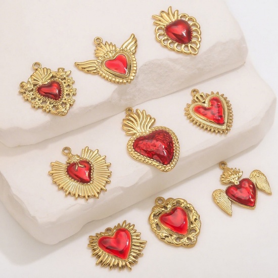 1 Piece Eco-friendly PVD Vacuum Plating 304 Stainless Steel Pendant Charm Necklace 18K Gold Plated Red Heart Enamel の画像