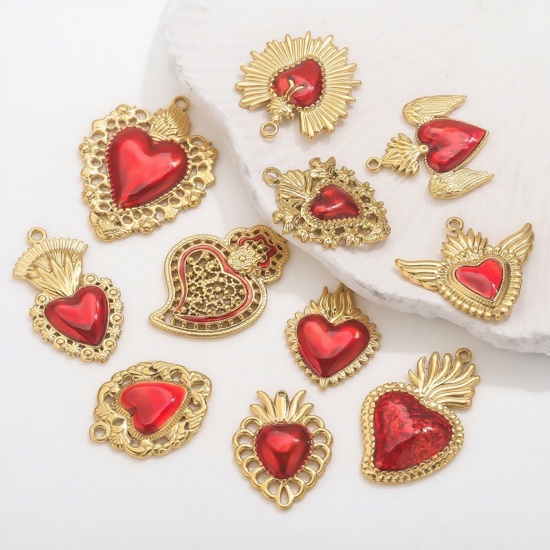 1 Piece Eco-friendly PVD Vacuum Plating 304 Stainless Steel Pendant Charm Necklace 18K Gold Plated Red Heart Enamel の画像