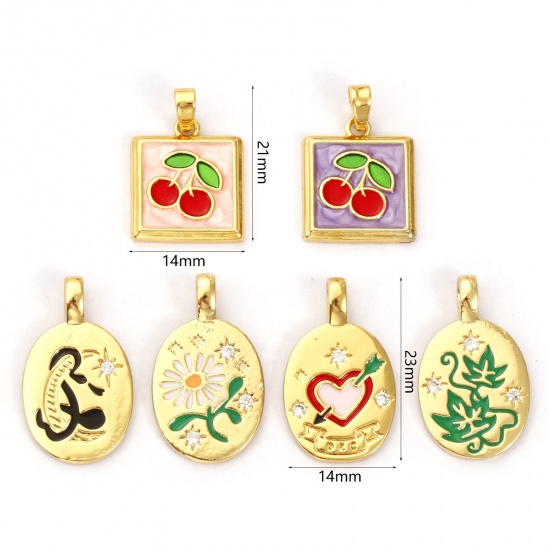Picture of Brass Charms 18K Gold Plated Multicolor Enamel Flower Leaves