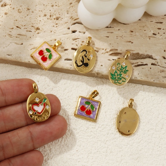 Picture of Brass Charms 18K Gold Plated Multicolor Enamel Flower Leaves