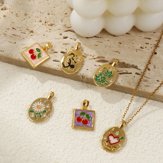 Picture of Brass Charms 18K Gold Plated Multicolor Enamel Flower Leaves