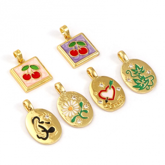 Picture of Brass Charms 18K Gold Plated Multicolor Enamel Flower Leaves