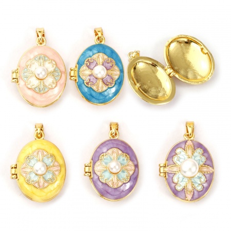 1 Piece Brass & Acrylic Picture Photo Locket Frame Pendants 18K Gold Plated Enamel Oval Flower Can Open
