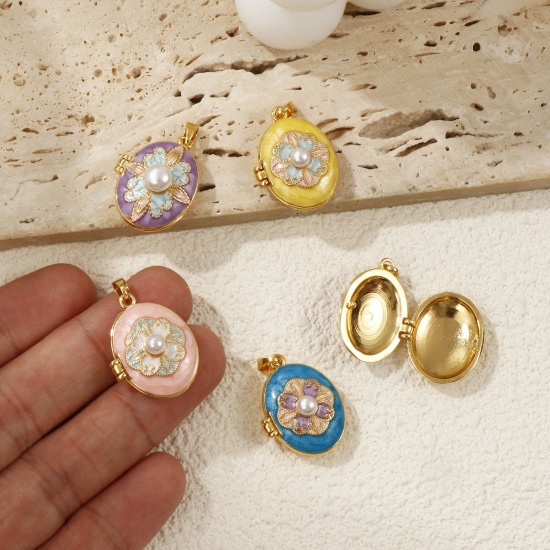 Picture of Brass Picture Photo Locket Frame Pendants 18K Gold Plated Enamel Oval Flower Acrylic Imitation Pearl