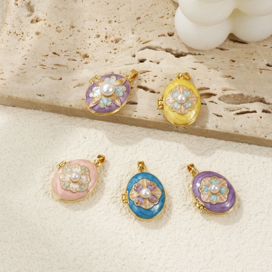 Picture of Brass Picture Photo Locket Frame Pendants 18K Gold Plated Enamel Oval Flower Acrylic Imitation Pearl