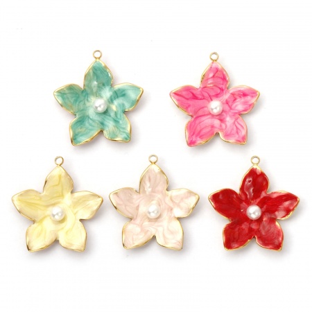 Picture of Eco-friendly PVD Vacuum Plating 304 Stainless Steel Charms 18K Real Gold Plated Enamel Flower Acrylic Imitation Pearl 25mm x 23mm
