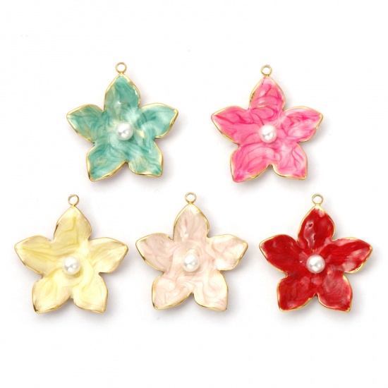 Picture of Eco-friendly PVD Vacuum Plating 304 Stainless Steel Charms 18K Real Gold Plated Enamel Flower Acrylic Imitation Pearl 25mm x 23mm