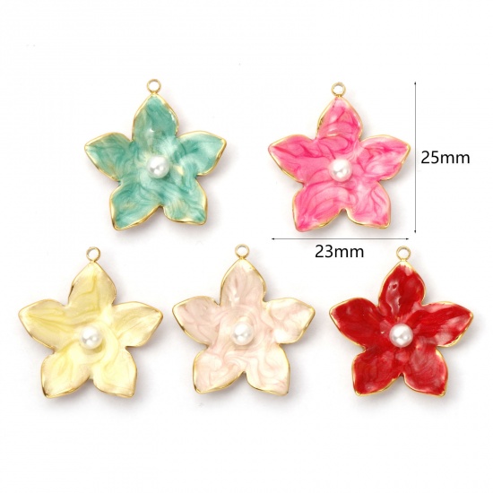 Picture of Eco-friendly PVD Vacuum Plating 304 Stainless Steel Charms 18K Real Gold Plated Enamel Flower Acrylic Imitation Pearl 25mm x 23mm