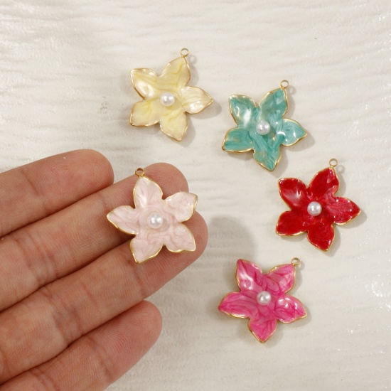 Picture of Eco-friendly PVD Vacuum Plating 304 Stainless Steel Charms 18K Real Gold Plated Enamel Flower Acrylic Imitation Pearl 25mm x 23mm