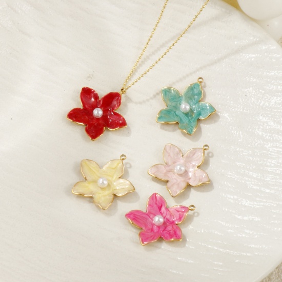 Picture of Eco-friendly PVD Vacuum Plating 304 Stainless Steel Charms 18K Real Gold Plated Enamel Flower Acrylic Imitation Pearl 25mm x 23mm