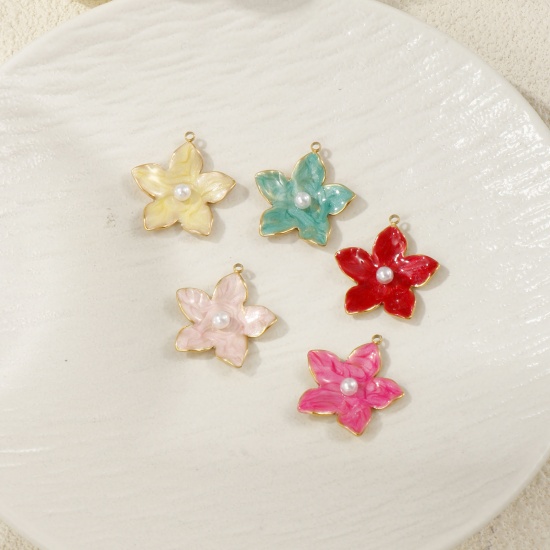 Picture of Eco-friendly PVD Vacuum Plating 304 Stainless Steel Charms 18K Real Gold Plated Enamel Flower Acrylic Imitation Pearl 25mm x 23mm