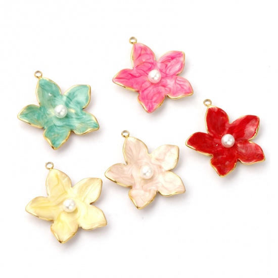 Picture of Eco-friendly PVD Vacuum Plating 304 Stainless Steel Charms 18K Real Gold Plated Enamel Flower Acrylic Imitation Pearl 25mm x 23mm