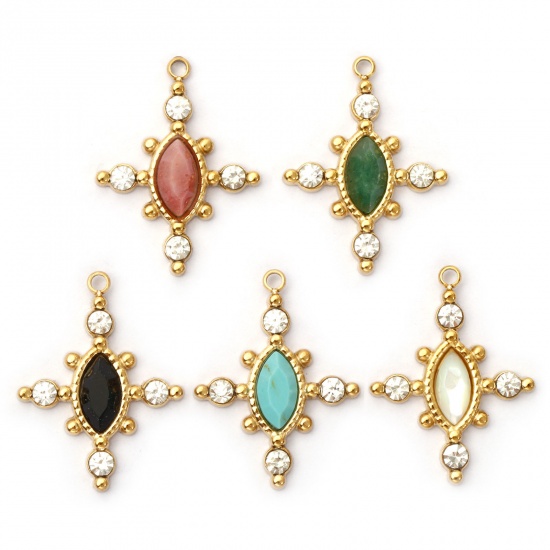 Immagine di 1 Piece Eco-friendly PVD Vacuum Plating 304 Stainless Steel & Gemstone Charms 18K Real Gold Plated Cross Clear Rhinestone 22mm x 17mm