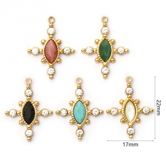 Immagine di 1 Piece Eco-friendly PVD Vacuum Plating 304 Stainless Steel & Gemstone Charms 18K Real Gold Plated Cross Clear Rhinestone 22mm x 17mm