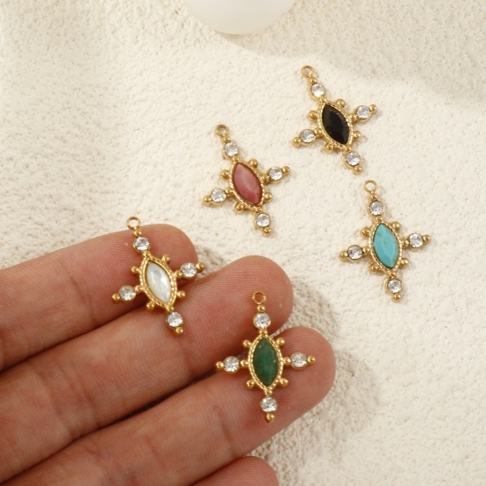 Immagine di 1 Piece Eco-friendly PVD Vacuum Plating 304 Stainless Steel & Gemstone Charms 18K Real Gold Plated Cross Clear Rhinestone 22mm x 17mm